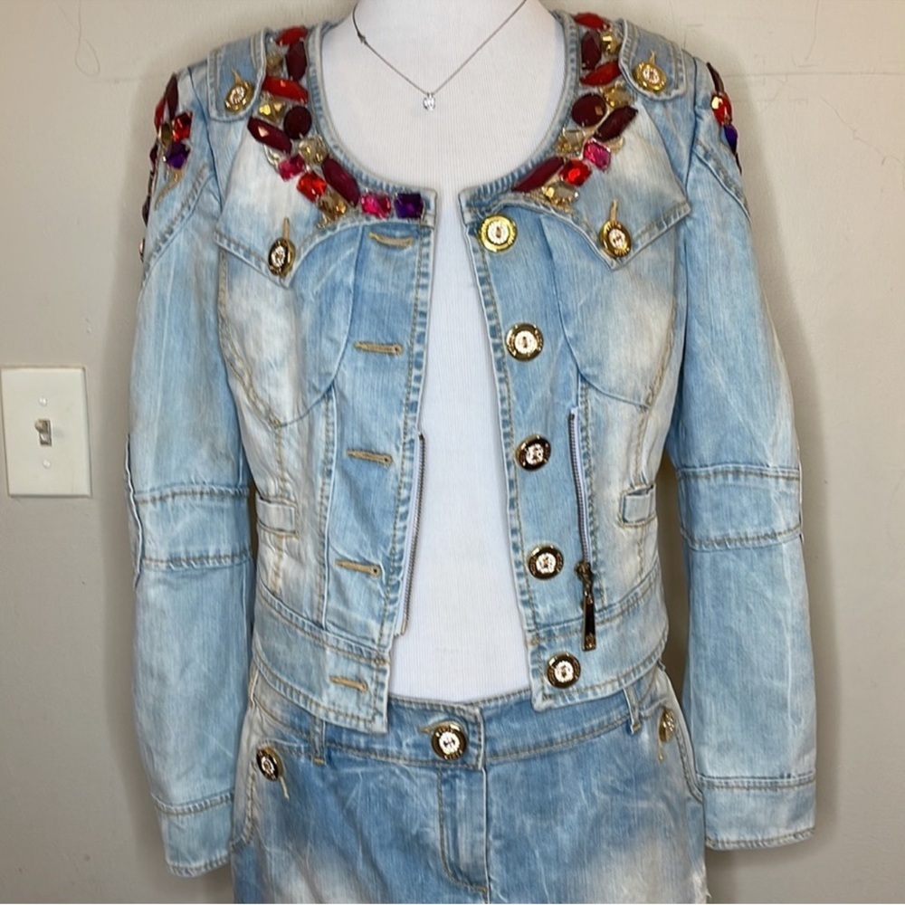 Gizia Embellished Light Blue Denim Skirt Set Size 40